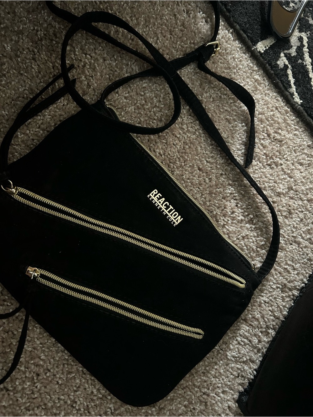 Kenneth Cole Reaction Black Suede Crossbody with Gold Zippers